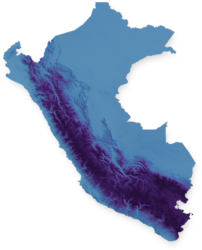 Relief of Peru with the coffee zones marked.